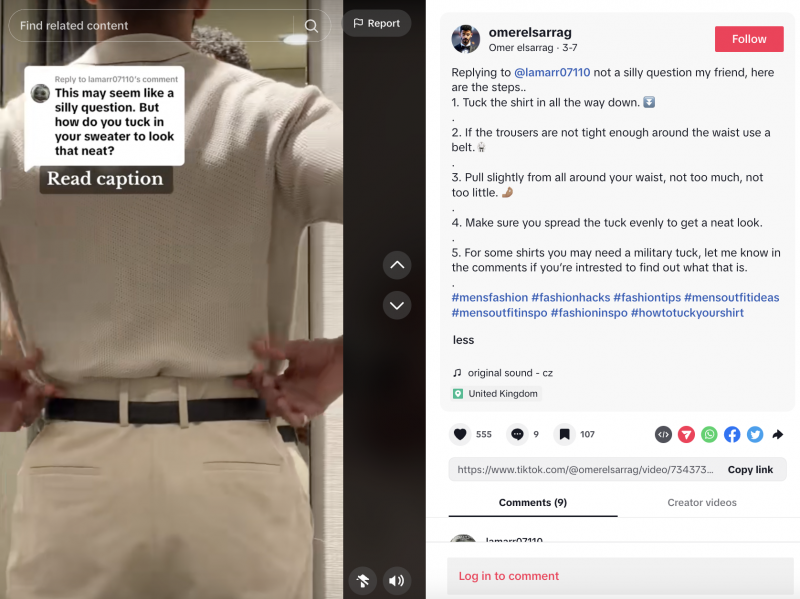   Un vídeo de TikTok de Omer Elsarrag que muestra cómo colocar correctamente un polo por dentro.