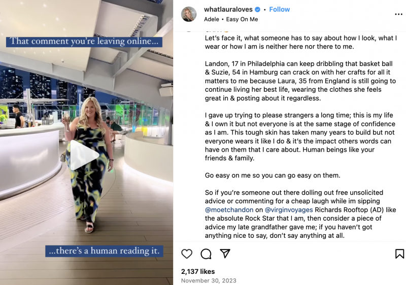   Un carrete de Laura Ferry. En el pie de foto, habla sobre la confianza, la lucha contra el acoso y su patrocinio con Moet Chandon y Virgin Voyages.