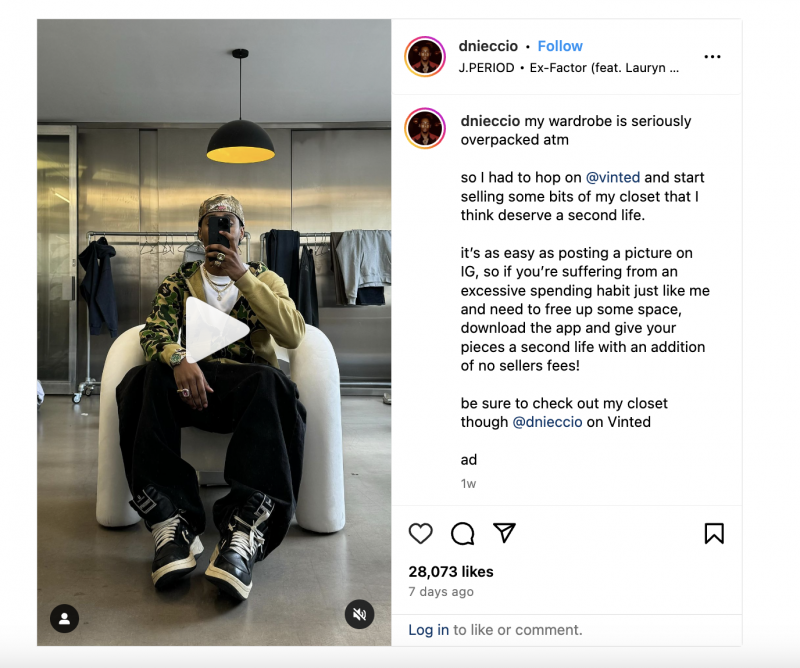   Una publicación patrocinada en Instagram de D'nieccio Mitchell en colaboración con Vinted.
