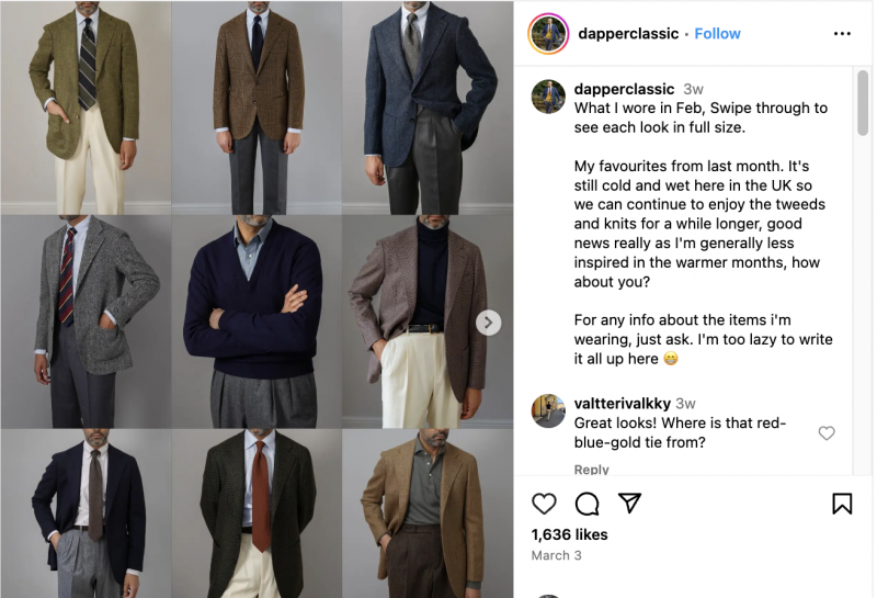   Una publicación de Instagram de @dapperclassic. Muestra todos los outfits que usó en febrero.