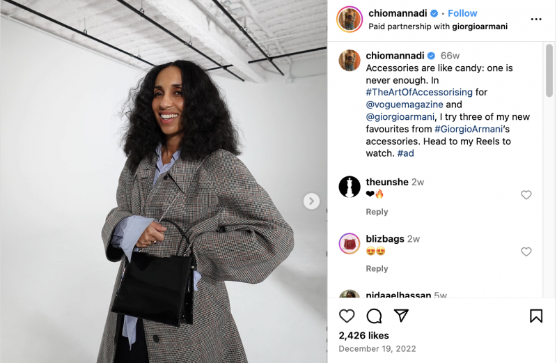   Una publicación patrocinada en Instagram de Chioma Nnadi en colaboración con Vogue y Giorgio Armani.