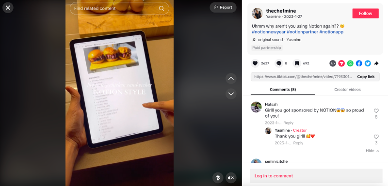   Notion を宣伝するクリエイター Yasmine による TikTok インフルエンサー キャンペーン。