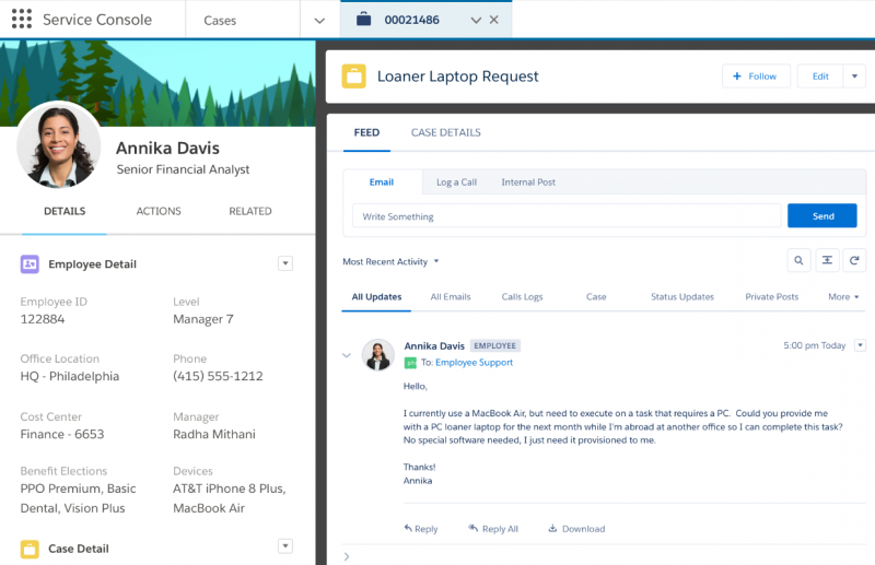   Snímek obrazovky nástrojů zákaznických služeb Salesforce.