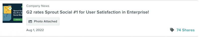 Снимак екрана приче у Спроут-у's Employee Advocacy program. The company news story says "G2 rates Sprout Social #1 for User Satisfaction in Enterprise!"