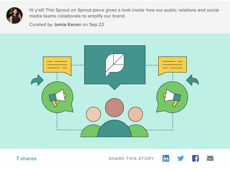 Снимак екрана куриране приче из Спроута's Employee Advocacy platform. The note on the top is from a curator from our content team.