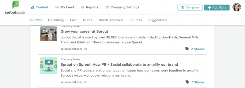 Снимак екрана Спроута's Employee Advocacy platform where you can see the "Add Story" button in the upper right corner of the image.