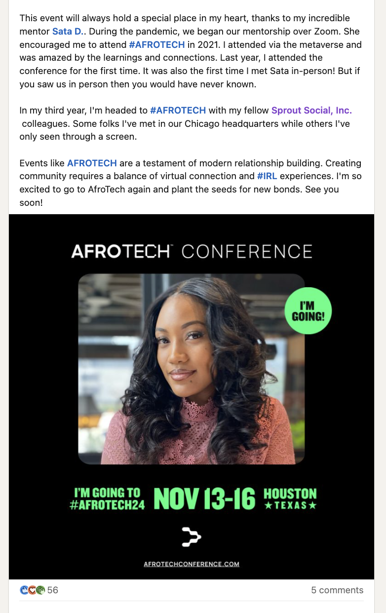   Publicación de LinkedIn de la especialista senior en contenido Jamia Kenan que comparte cómo su mentor le presentó AfroTech™.