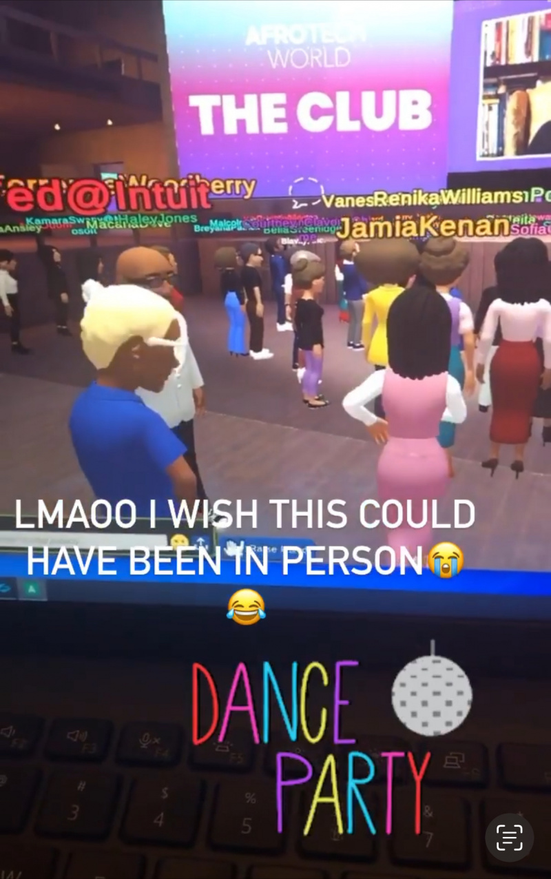   Una foto de la especialista senior en contenido Jamia Kenan's avatar in a metaverse platform for AfroTech™ World. 