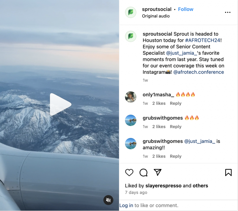   Un carrete de Instagram de Sprout Social con imágenes del especialista senior en contenido's trip to AfroTech™ 2023. The caption read encourages viewers to stay tuned for event coverage at AfroTech™ 2024.