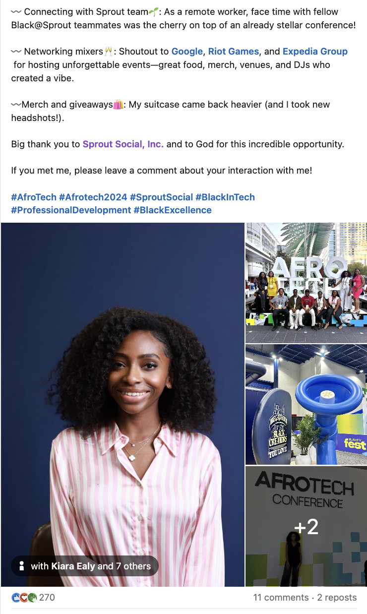   Una publicación de LinkedIn del empleado de Sprout, Kenechukwu Uwajeh, que comparte su experiencia en AfroTech™ 2024.