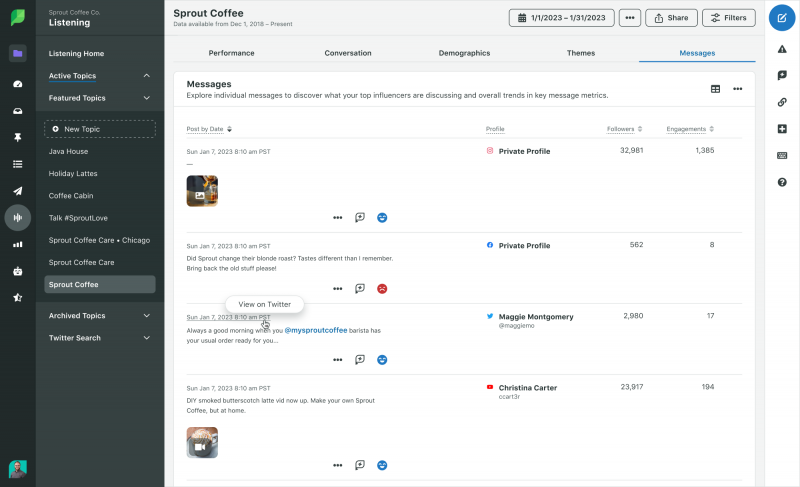   Tableau de bord des messages d'écoute des médias sociaux Sprout Social