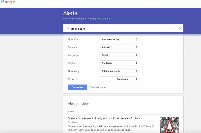  page de configuration d'alerte google avec différents champs de personnalisation et une alerte configurée pour le spam par e-mail