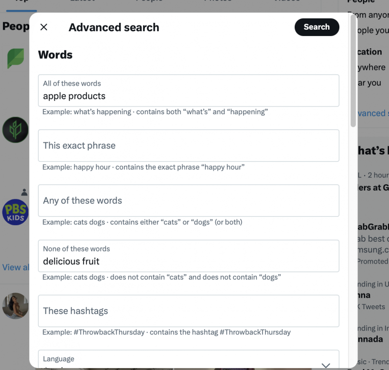   fenêtre de recherche avancée de twitter avec des champs pour différents mots à inclure ou exclure dans la recherche