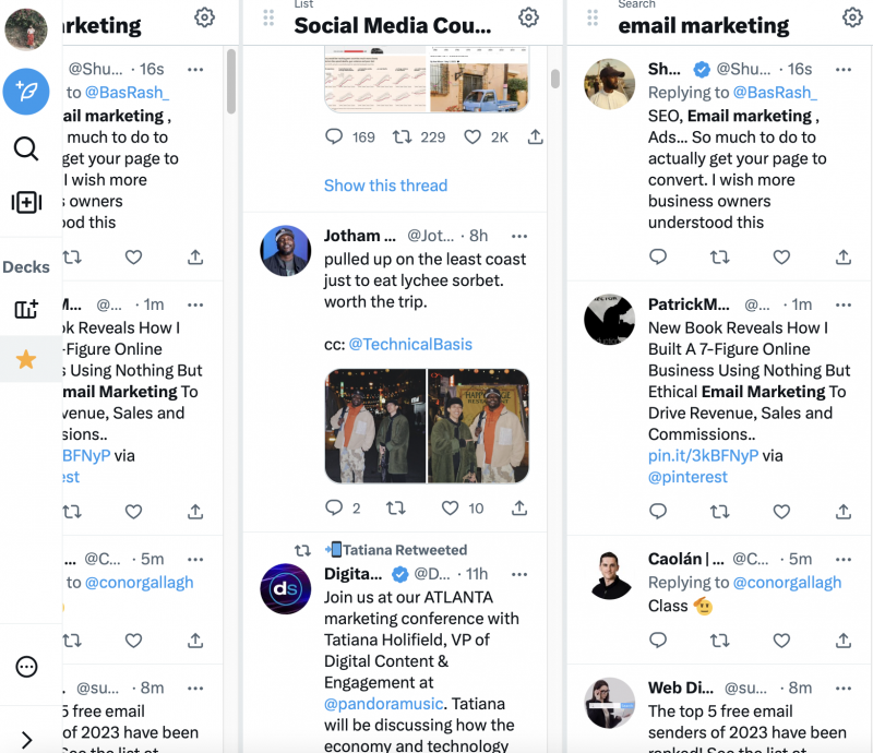   tableau de bord tweetdeck avec des colonnes pour les conversations d'une liste dédiée et des conversations sur le marketing par e-mail