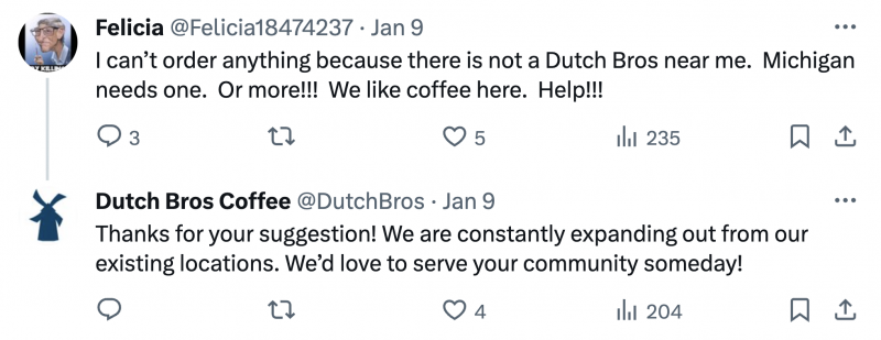   Una publicación en X de Dutch Bros Coffee respondiendo a un cliente que realiza una solicitud de ubicación.