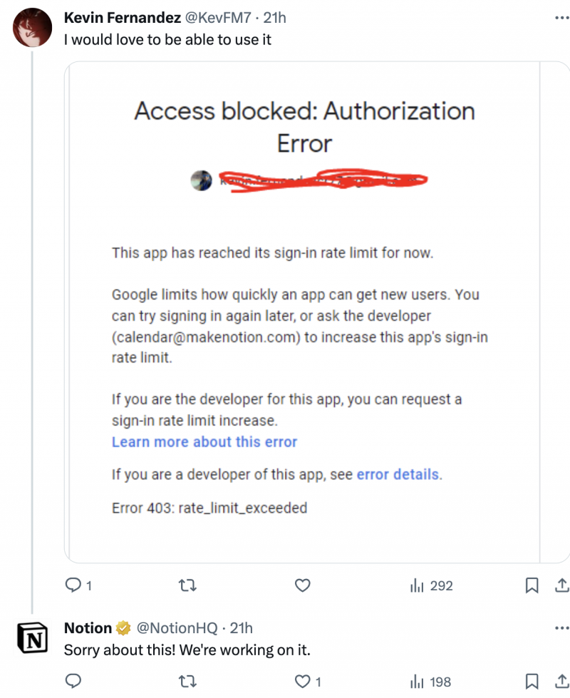   Una publicación en X de Notion en respuesta a la queja de un cliente sobre una nueva actualización.