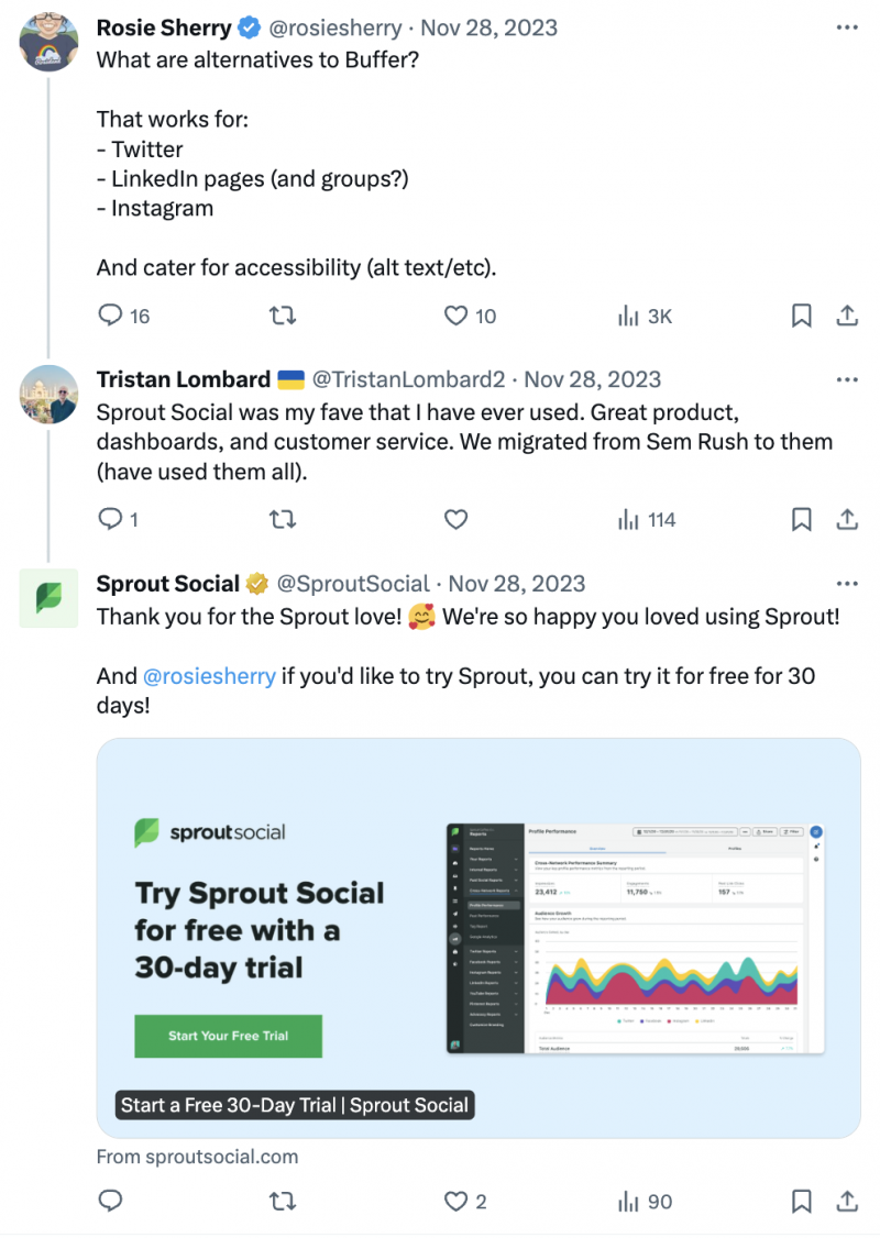   Una publicación en X de Sprout Social respondiendo a un cliente's praise.