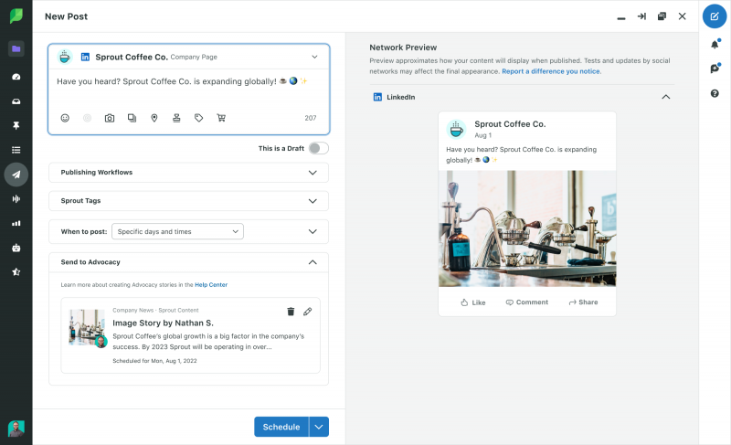   Uno screenshot della finestra Componi in Sprout Social. Ci sono quattro menu a discesa sotto l'editor di testo:'Publishing Workflows', 'Sprout Tags', 'When to Post', and 'Send to Advocacy'. The 'Send to Advocacy' drop down is expanded and selected. 