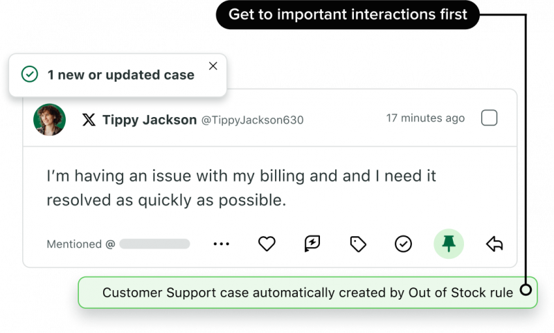   Sprout Social でオープン中のケース。顧客から請求に関する問題について X 経由で連絡があり、Sprout は自動ルールに基づいてカスタマー サポート ケースを自動的に作成しました。