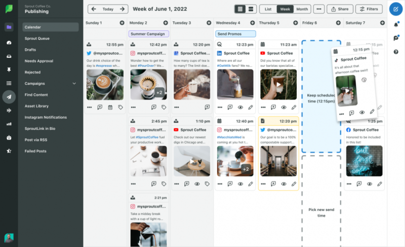   Snímek obrazovky Sprout's publishing calendar and drag and drop capabilities. 