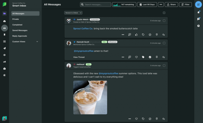   Snímek obrazovky Sprout Social Smart Inbox, kde je zobrazeno několik zpráv v jednom kanálu z Instagramu, Facebooku a příspěvku z X (dříve Twitter).