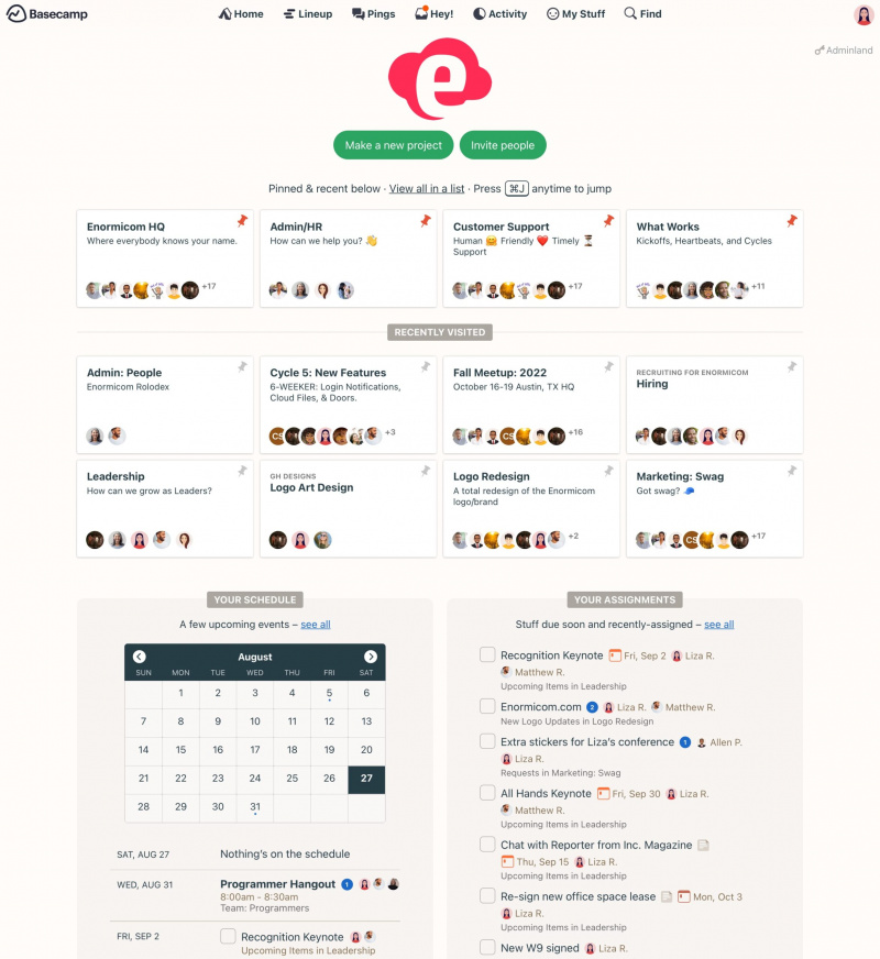 Uno screenshot di Bascamp's homepage that includes recently visited projects, a personalized schedule and assignments.