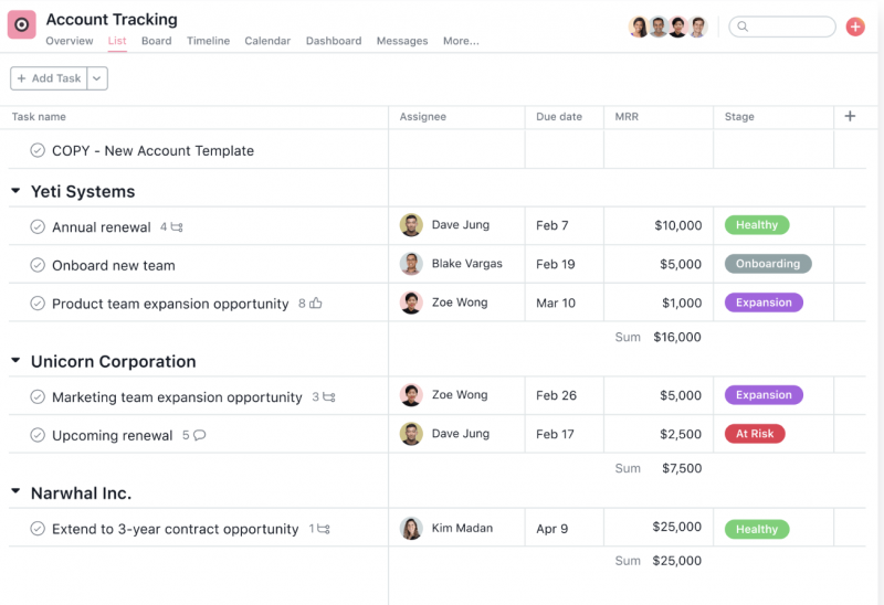 Uno screenshot di un progetto Asana per il monitoraggio dell'account che mostra il nome dell'attività, il nome della sezione, l'assegnatario, la data di scadenza, l'MRR e la fase.