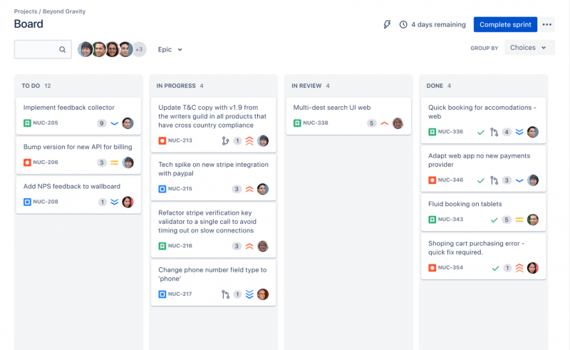 Uno screenshot di un progetto Jira con attività classificate in base a cose da fare, in corso, in revisione e completate.