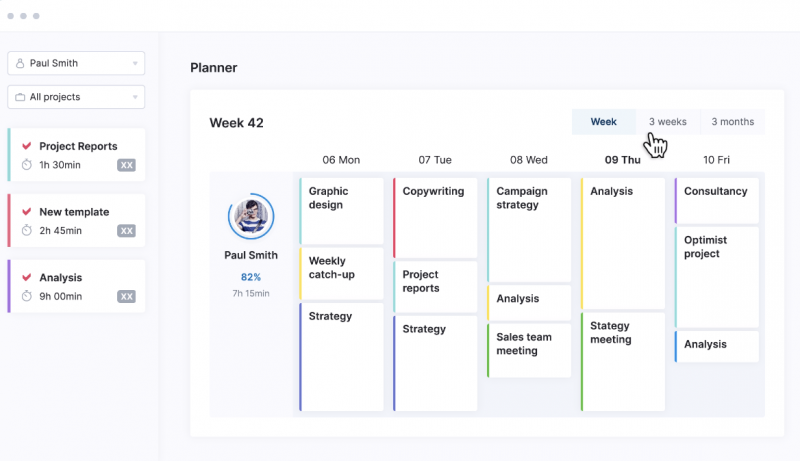 Uno screenshot di un'agenda Scoro che dimostra come un individuo's work is broken up each day.