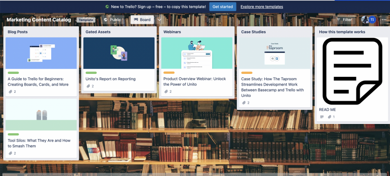 Uno screenshot di Trello's Marketing Content Catalog which demonstrates a board view of different content types, including blog posts, gated assets, webinars and case studies.