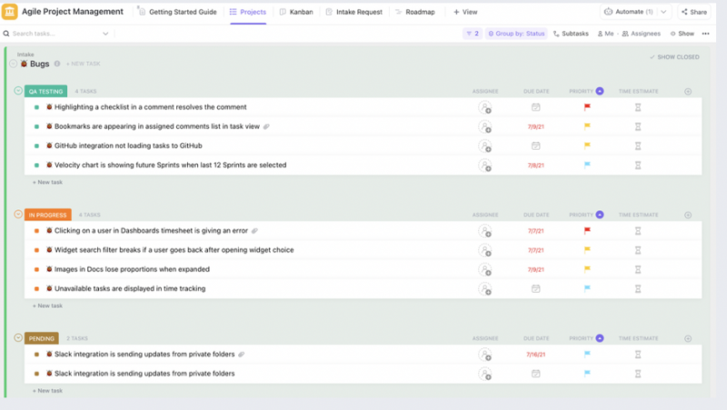 Uno screenshot di ClickUp's Agile Project Management template that demonstrates projects grouped by status: QA testing, in progress and pending.