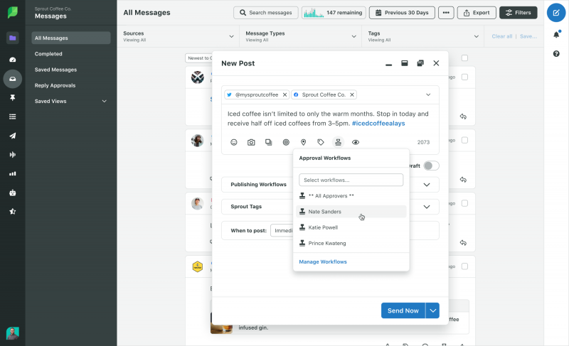 Uno screenshot di Sprout's Approval Workflows in our Compose feature. By using Approval Workflows, social media posts are assigned to reviewers automatically.