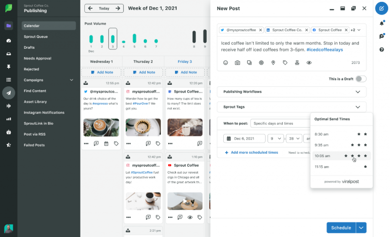   Sprout Social ソーシャル メディア コンテンツ カレンダーで、週ごとの計画と、viralpost を使用した最適な送信時間を示します