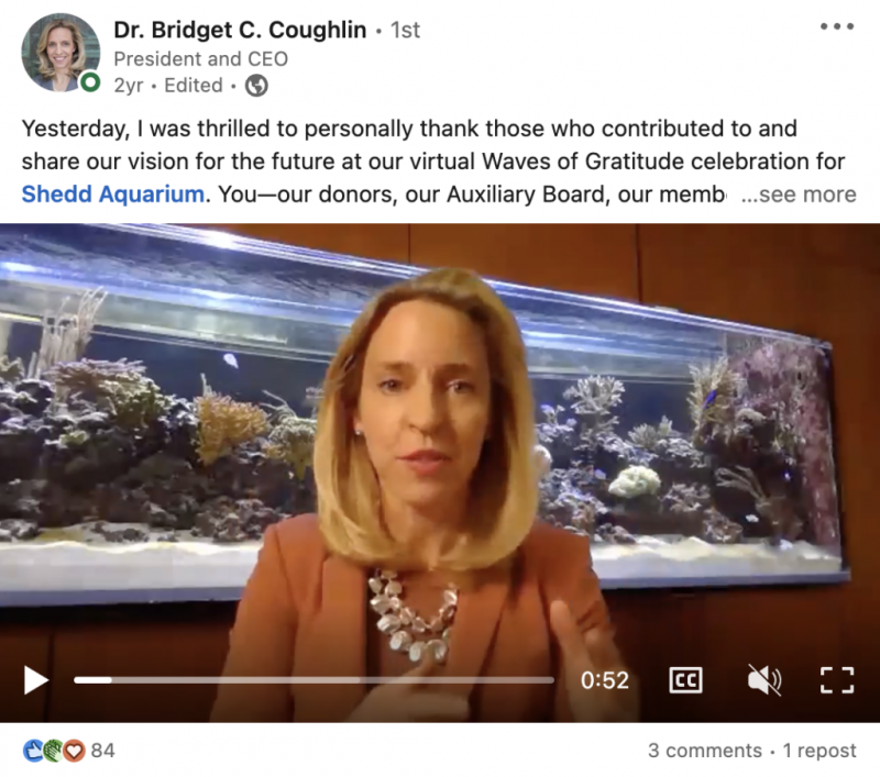   Μια ανάρτηση στο LinkedIn για τον CEO του Shedd Aquarium's account featuring a video where she is looking at the camera to speak, with a large tropical aquarium visible behind her.