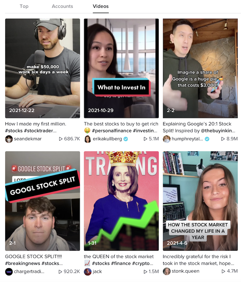  #Stock を検索した TikTok のスクリーンショット。検索では、このトピックに関する 6 つの人気動画が抽出され、そのうち 4 つは再生回数が 100 万回を超えています。