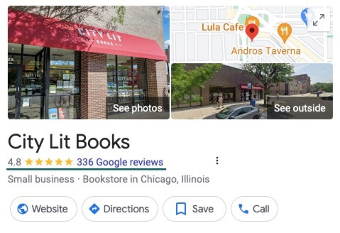   City Lit Books の Google 位置スニペットのスクリーンショット。ストアの評価は 4.8 つ星です。