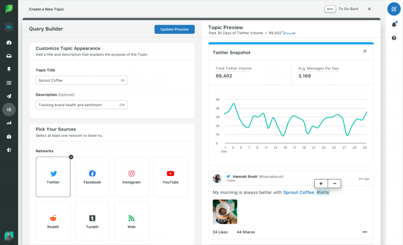   Sprout Social のスクリーンショット's Query Builder in the Listening tool. From the Query Builder, you can provide a query title, description and sources, and see a preview of the results.