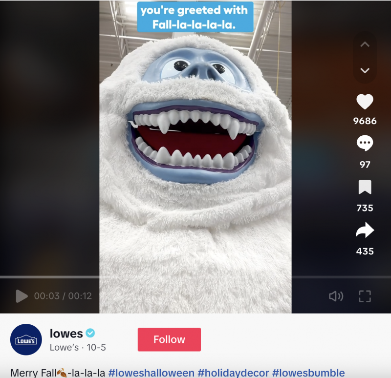   Un Lowe's TikTok showcasing their end of year holiday decor and Halloween decor side-by-side in their showroom