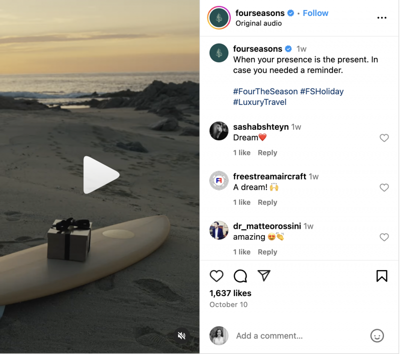   Un Four Seasons Reel di un presente a bordo piscina, su una tavola da surf mentre fa altre attività di lusso in uno dei loro resort