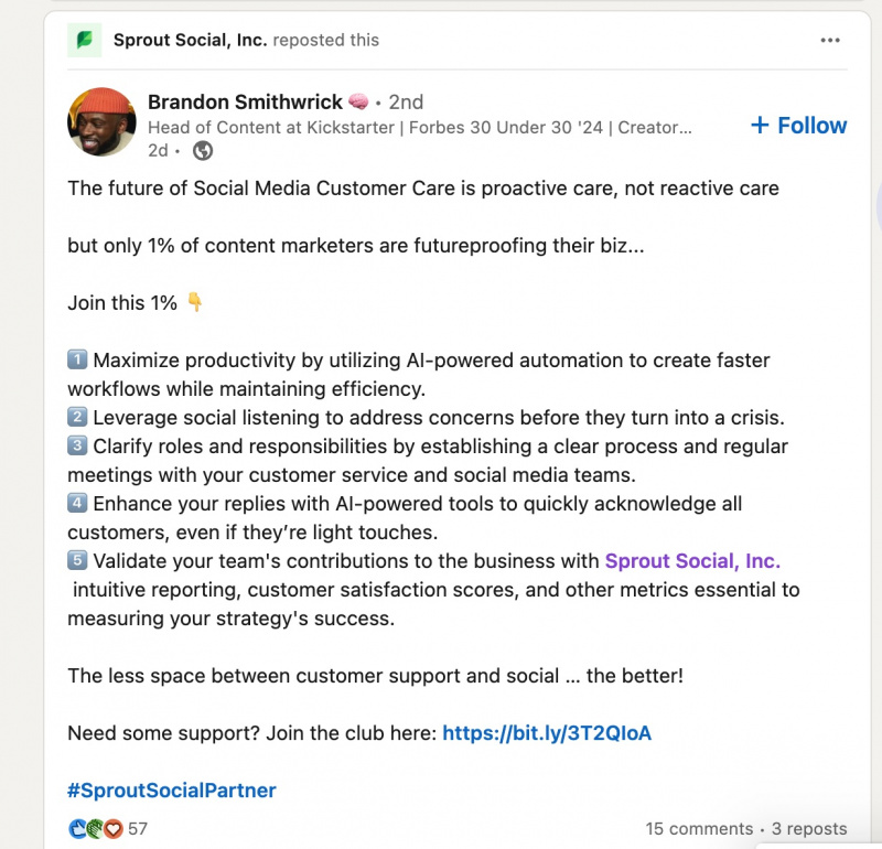 Une publication LinkedIn republiée par Sprout Social