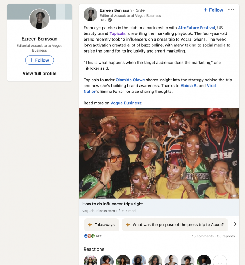   Publication LinkedIn de Vogue Business présentant un article mettant en avant Topicals comme un bon exemple de marketing d'influence.