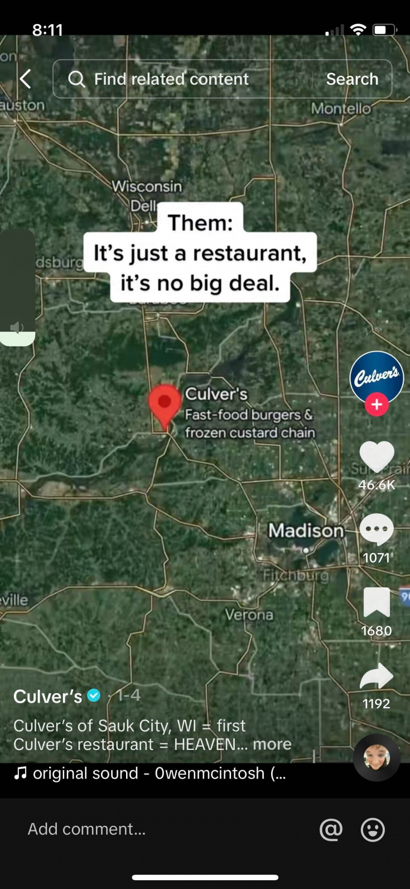   Capture d'écran d'une vidéo de Culver's TikTok profile, showing the location of the first ever Culver's location on a map of Wisconsin.