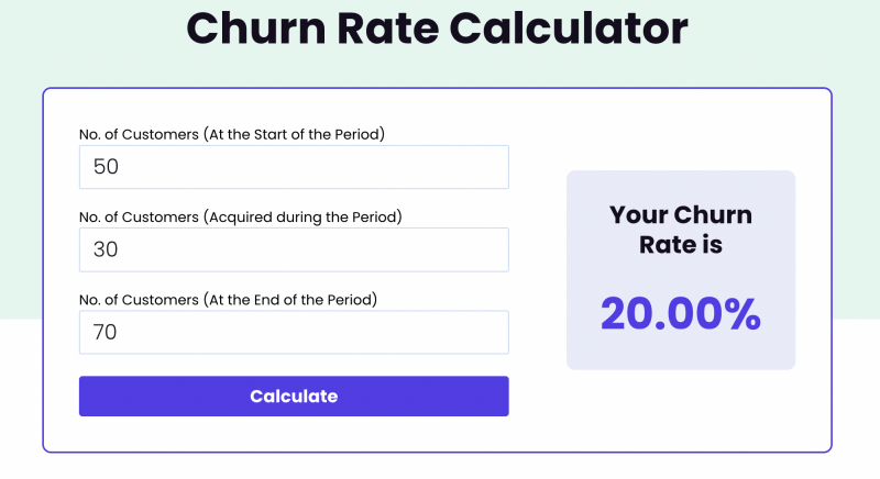 Calculateur de taux de désabonnement affichant trois champs pour saisir le nombre de clients au début, acquis et à la fin de la période et un taux de désabonnement de 20,00 %