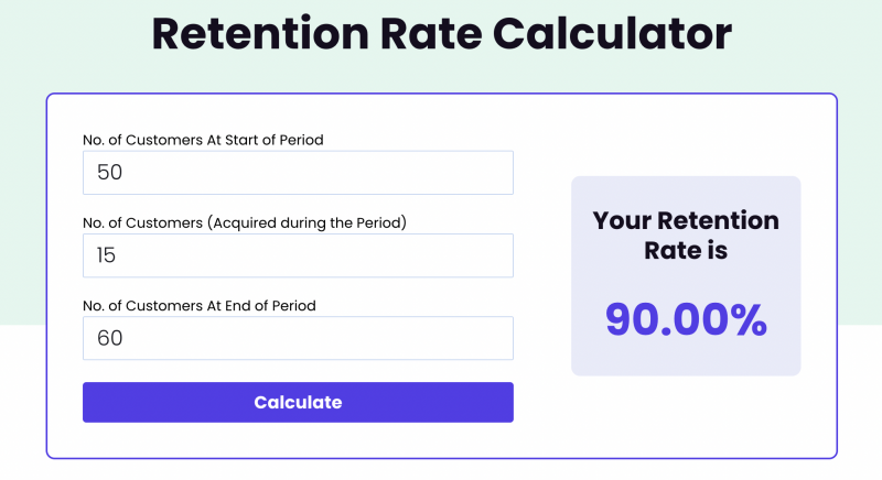 Calculateur de taux de rétention montrant le nombre de clients au début, acquis et à la fin de la période et un taux de rétention de 90,00 %