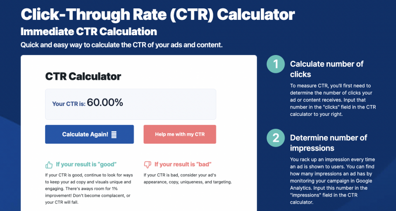 Calculateur CTR affichant un CTR de 60 %