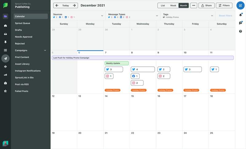 Screenshot del calendario dei contenuti in Sprout Social con una campagna sui social media della durata di una settimana con post in coda su più piattaforme durante quel periodo.