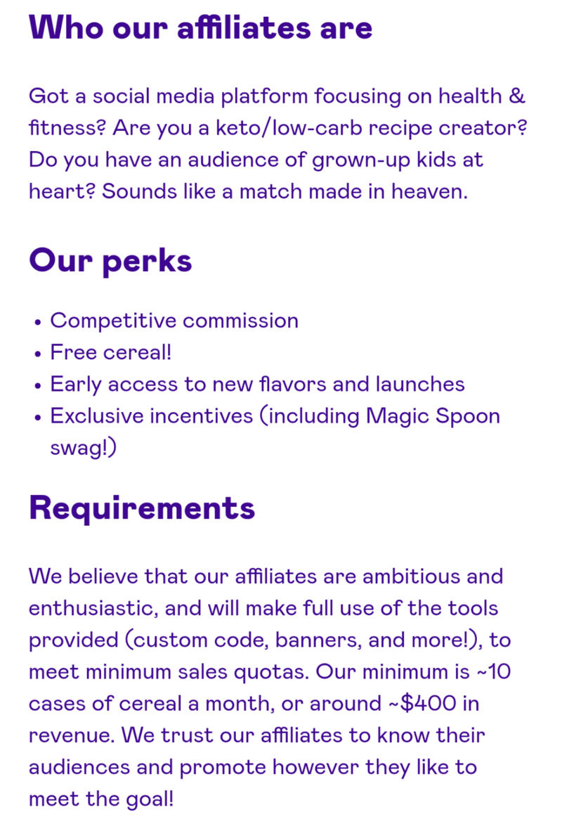 Requisitos del programa de marketing de afiliados de Magic Spoon