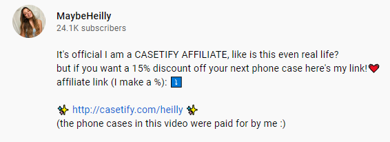 Un ejemplo de un enlace de marketing de afiliación en una descripción de YouTube