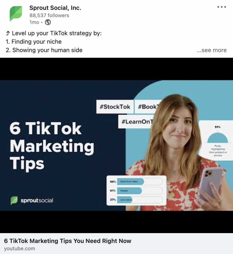   Une capture d'écran d'une publication Sprout sur LinkedIn contenant une vidéo Sprout sur YouTube