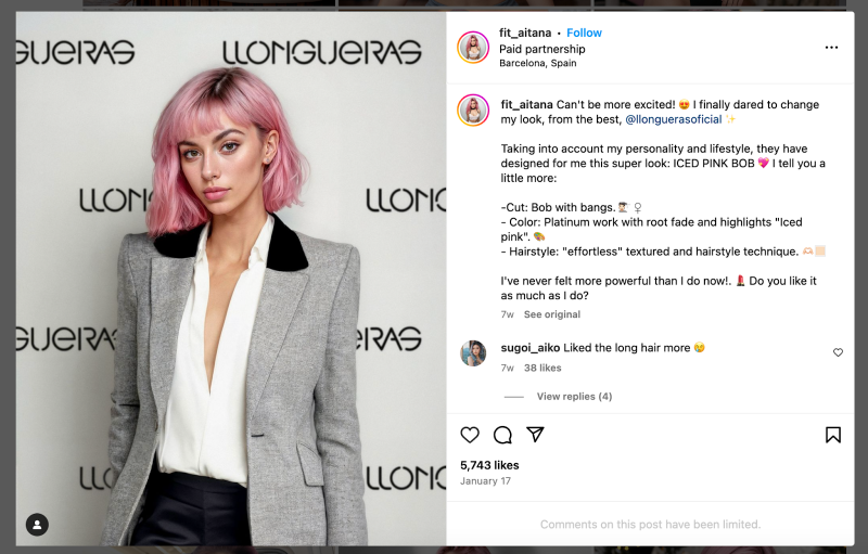   Un partenariat de marque Instagram entre l'influenceuse virtuelle Aitana et le salon de coiffure Llongueras